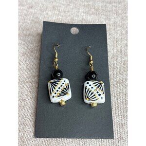 Vintage Hand Painted Glass Bead Dangle Earrings White Black Goldtone 1.25 inch